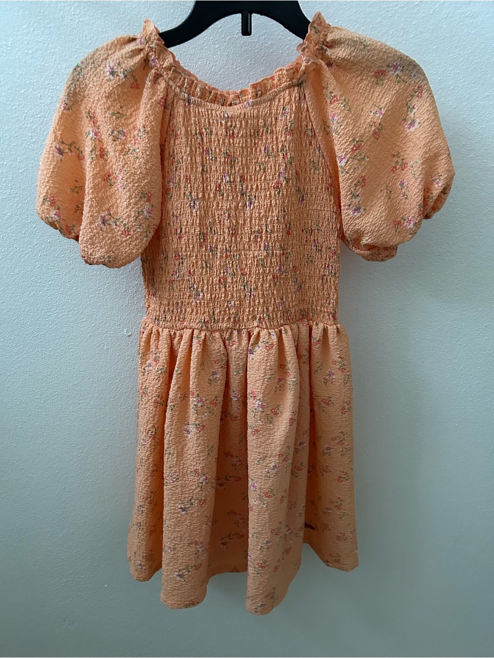 Tahari Girl Peach Floral Smocked Puff-Sleeve Dress